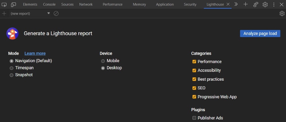 Screenshot of devtools lighthouse panel