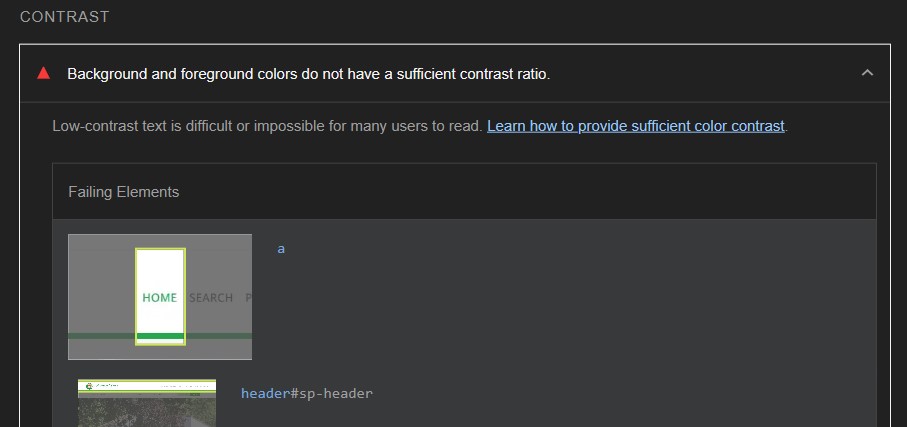 Screenshot of the Lighthouse Accessiblity contrast issue with its details expanded