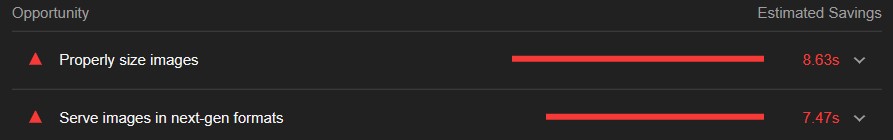 Screenshot of a Lighthouse audit Performance top 2 issues