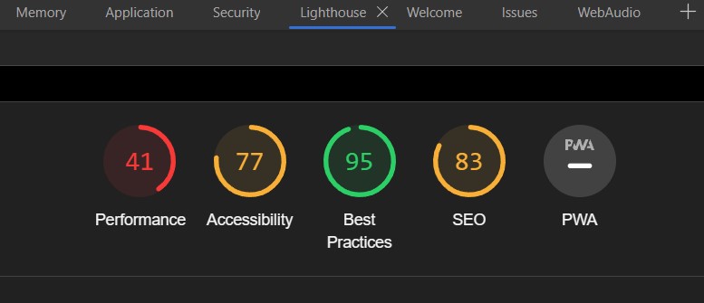 Screenshot of a poor set of Lighthouse audit results