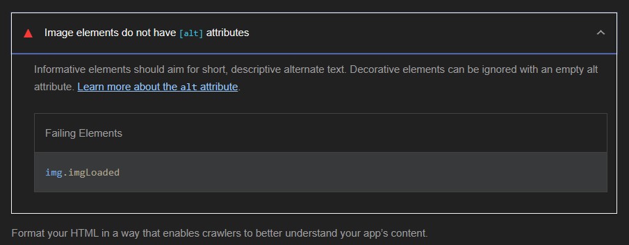Screenshot of Lighthouse audit SEO image alt tag issue